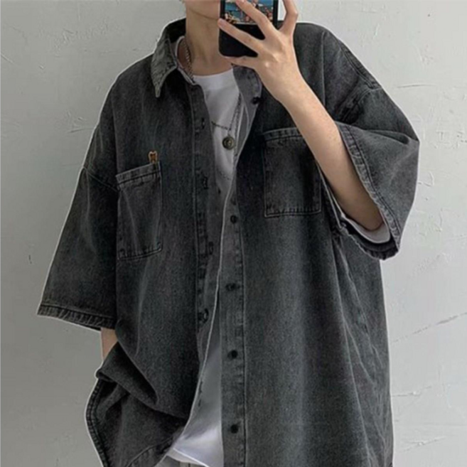 Tixpra 남자 반팔티 남성 셔츠 빅 사이즈 루즈핏 링클프리 데님 캐주얼 셔츠