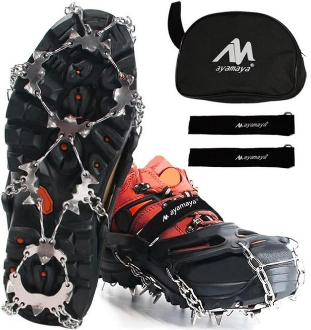 Crampons 신발 및 부츠용 아이스 클리트 ayamaya [업그레이드] 스파이크 24개 미끄럼 방지 스테인리스 스틸 스노우 트랙션 아이스 그리퍼 신발 남성 여성용 하이킹