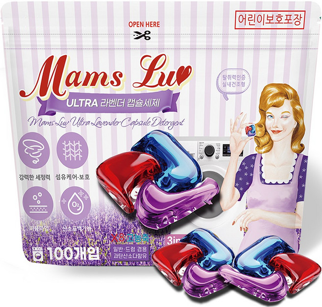 맘스럽 울트라 라벤더 캡슐세제 파우치형 프리미엄 국내생산 특대용량 초고농축 실내건조형 일반겸용, 100개입, 1개