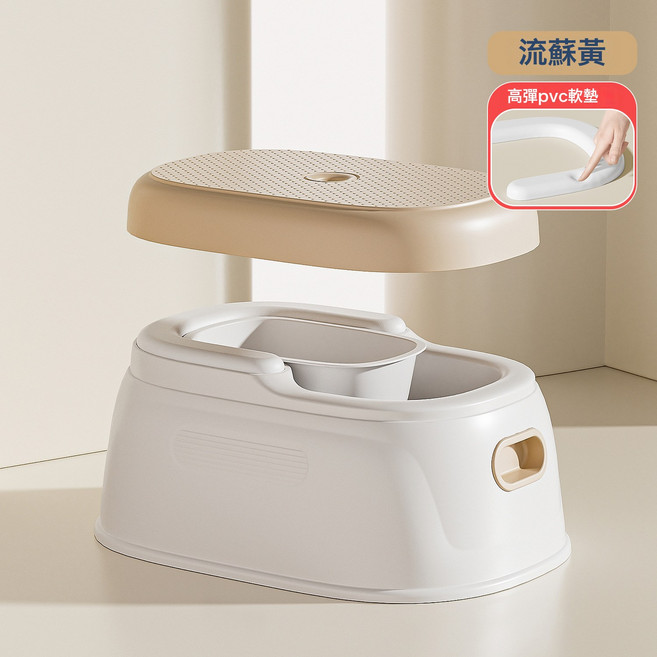 新款嬰兒洗屁屁神器寶寶家用多功能洗浴盆小孩專用可坐浴盆坐便器, 1個, PVC墊-流蘇黃+內桶+蓋子:1個