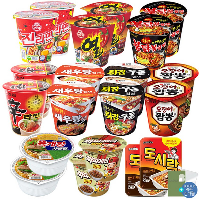 더블비 농심 오뚜기 삼양 팔도 컵라면 10종 총 20개 (육사발2+도시락2+신2+새우2+오짬2+튀김2+짜파범벅2+진매2+열2+불닭2)+더블비카드거울, 4세트