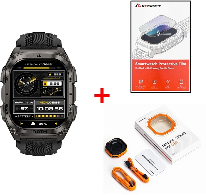 2025 KOSPET TANK M4 스마트워치 남성용 GPS 듀얼 밴드 32GB 오프라인 지도 10ATM 방수 워키토키 Apexmove OS 6축 자이로스코프, Black n Case Film, 4.98cm, GPS + 블루투스 - 쿠팡