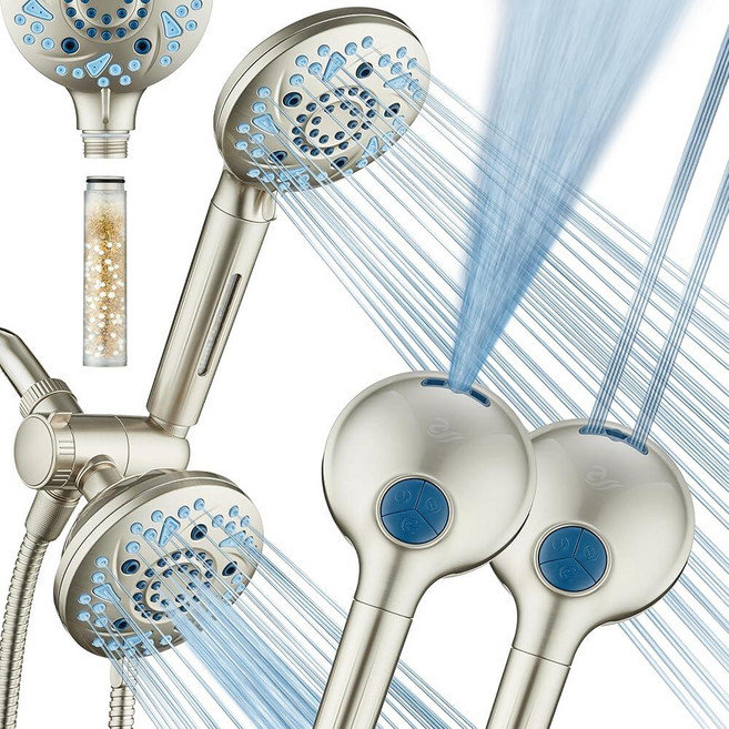AquaCare High Pressure 6-way Dual Shower Head Combo with Built-in Filter & Power Wash - Clean Tub, Nickel