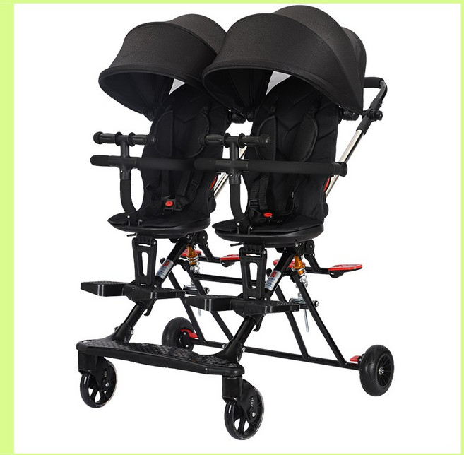 쌍둥이 트라이크 충격흡수 휴대용 트라이크 8.5kg 트윈 유모차 기내반입, 블랙