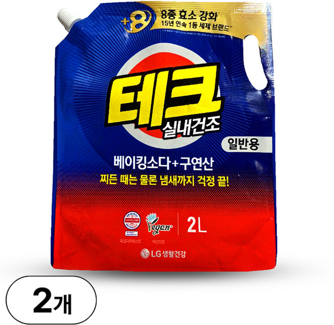[비건라이프] 테크 베이킹소다 플러스 구연산 실내건조 액체세제 일반용 리필, 2L, 2개