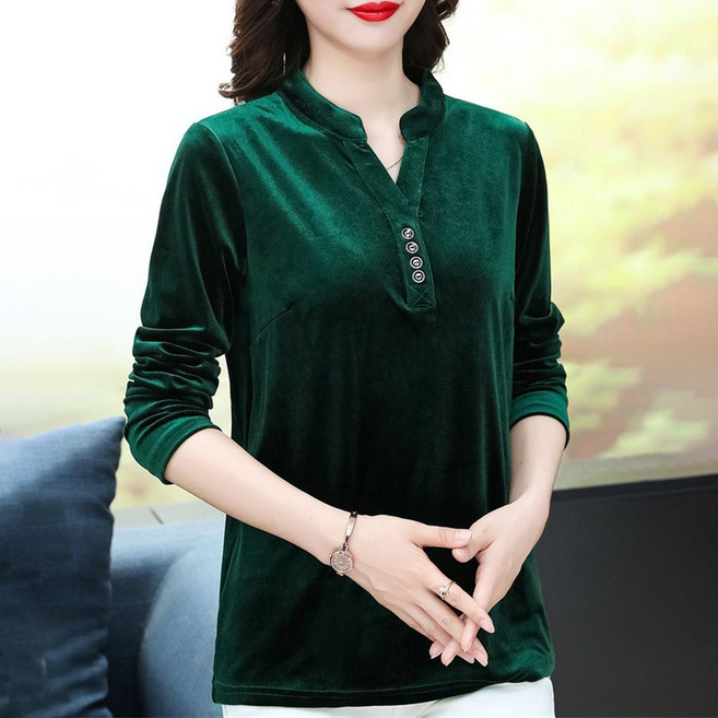 TKX 여성용 벨벳 긴팔 티셔츠 우아한 디자인 중년여성 단추 장식 루즈핏 데일리룩