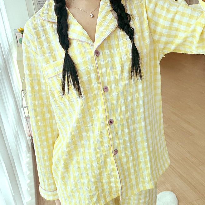 엘라운지 여성용 샤벳 지지미 체크 긴팔 파자마 세트