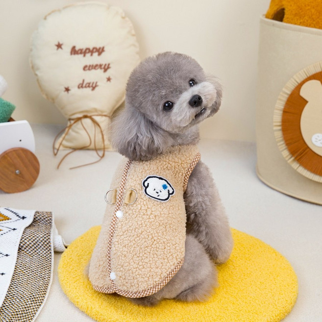 모던시스터즈 강아지 뽀글이 티셔츠 따뜻한 조끼 보온 후리스 겨울옷, 베이지