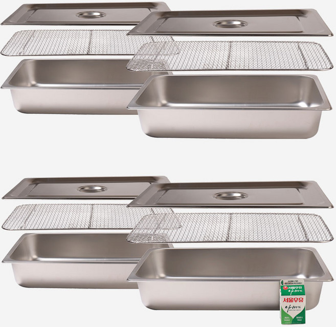 강화 스텐 밧드+뚜껑+그물망 3종 세트 주방용 냉장고 레스팅 고기 반찬 사각 쟁반 바트 용기 트레이, 4세트, 4인치 몸체+망+뚜껑