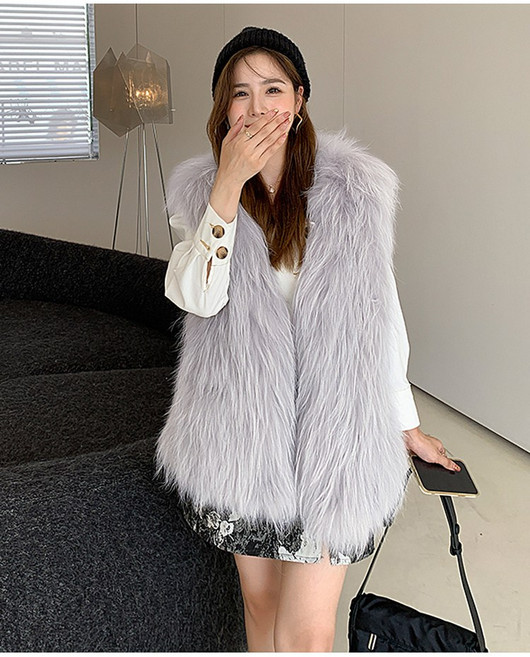 패션 여성복 가을 겨울 기모노 암호 너구리 털 모피 모피 조끼 여중 롱 나시