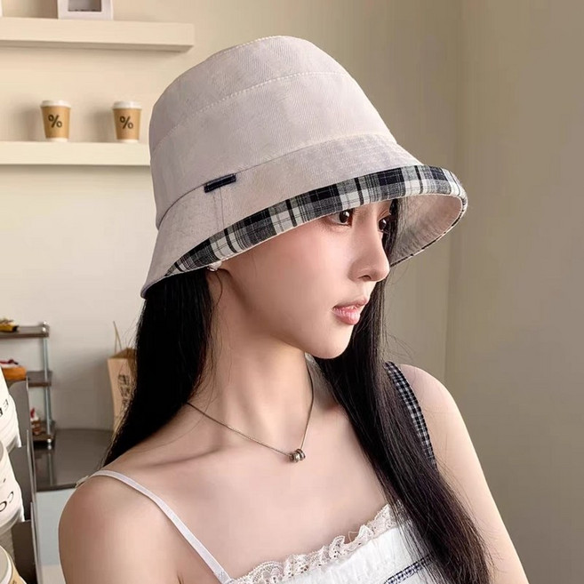 느와드코코 체크 엣지 라인 헤링본 배색 버킷햇 모자