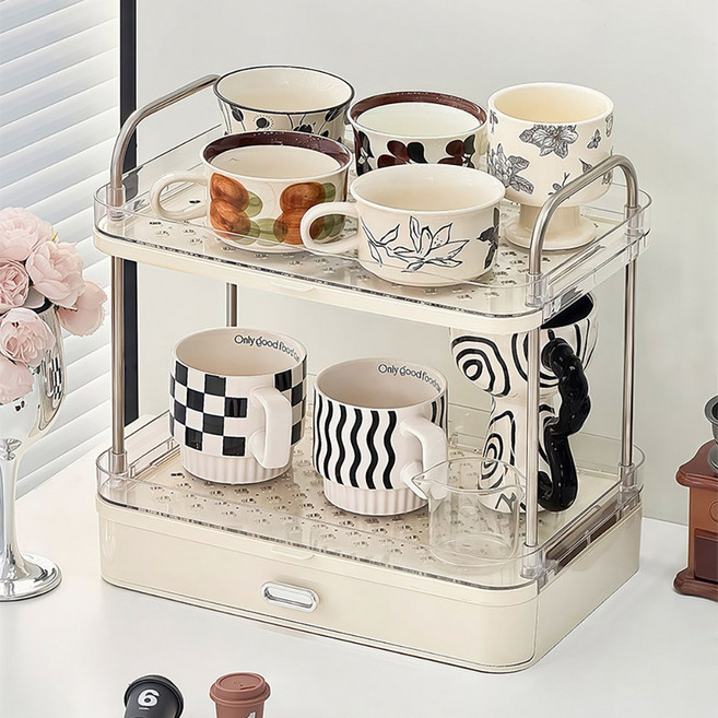 Alemon 서랍형 물컵 식기건조대 2단컵건조대 컵정리대, 하얀색, 1개