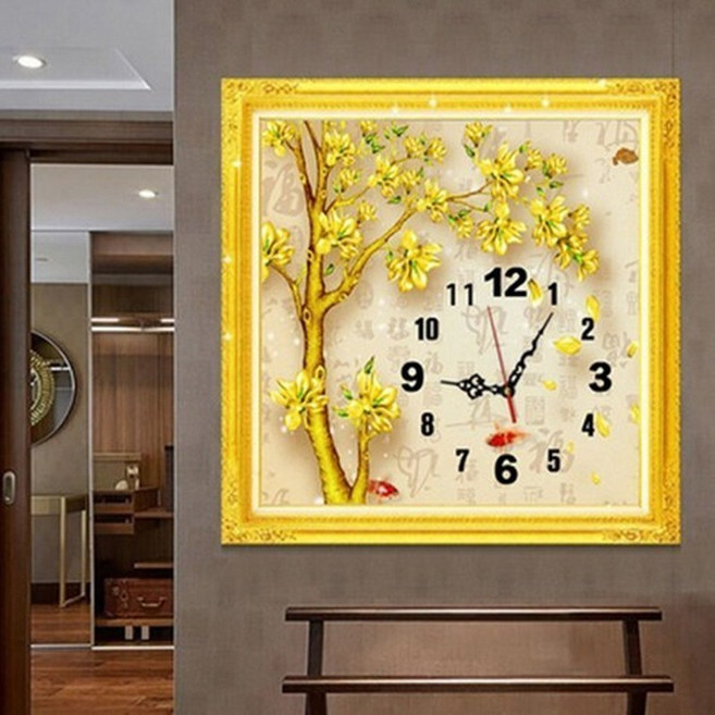 보석십자수 시계 포함 황금 꽃잎 금전수 원형비즈 큐빅 전체수 선물용 집들이, 1세트, 60x60cm(시계 포함)