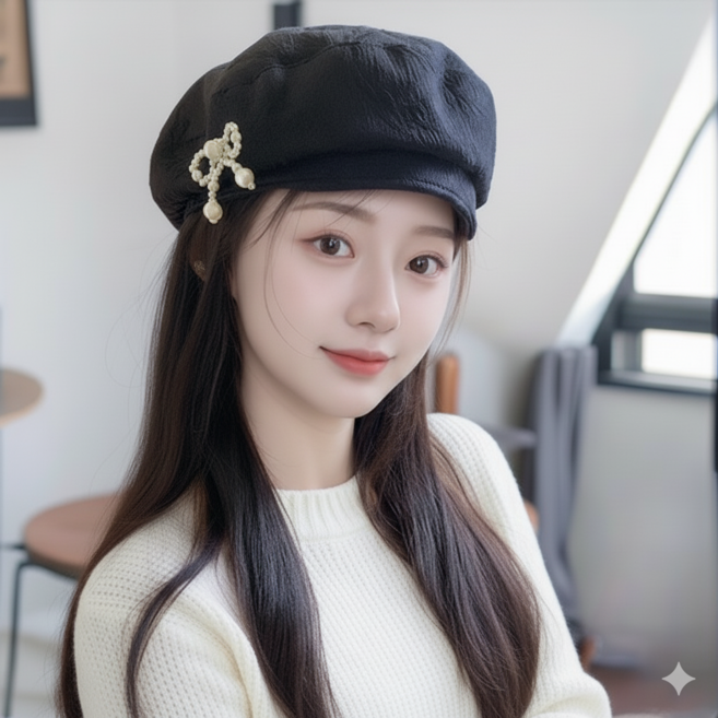 원픽 자가드 진주 리본 베레모 C30