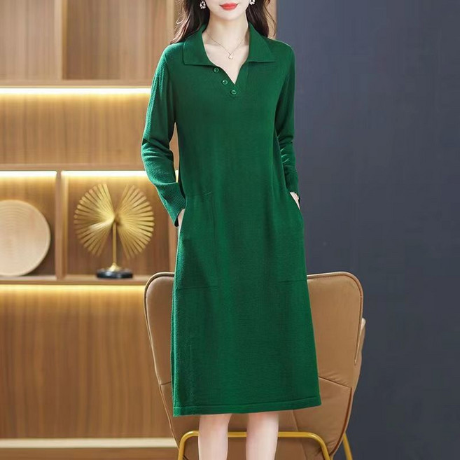 MOSAIRATION 여성용 가을 겨울용 미디 롱 니트 원피스 울 혼방 브이넥 긴팔 스웨터 원피스 빅사이즈 패션 통근룩 D0102711 AA