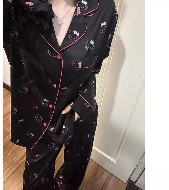 [노아르파자마]여성 리본 고양이 프린트 파자마 세트 핑크 파이핑 실크 홈웨어 잠옷 상하의