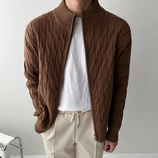 남자 집업가디건 꽈배기 투웨이 머슬핏 하이넥 니트집업(5color)