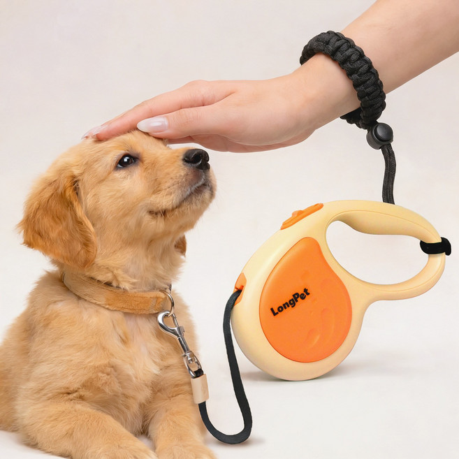 롱펫 고급형 강아지 자동리드줄 360도 꼬임방지 + 이탈방지 손목밴드 세트, 오렌지, 1개
