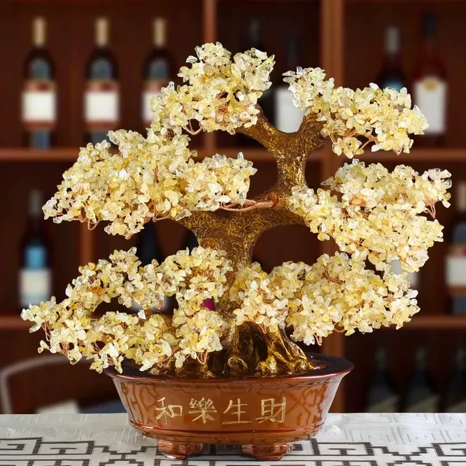 天然黃水晶發財樹 擺件, 咖啡底天然黃和樂生財 小粒