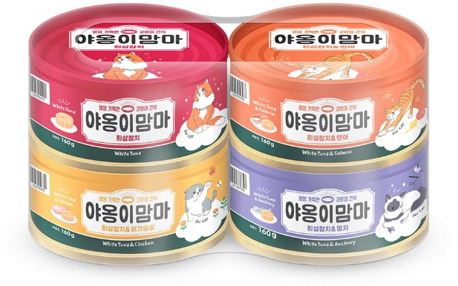 야옹이맘마 고양이 주식캔 160g 12캔 흰살참치 연어 닭가슴살 멸치 4종, 콤보4종, 12개