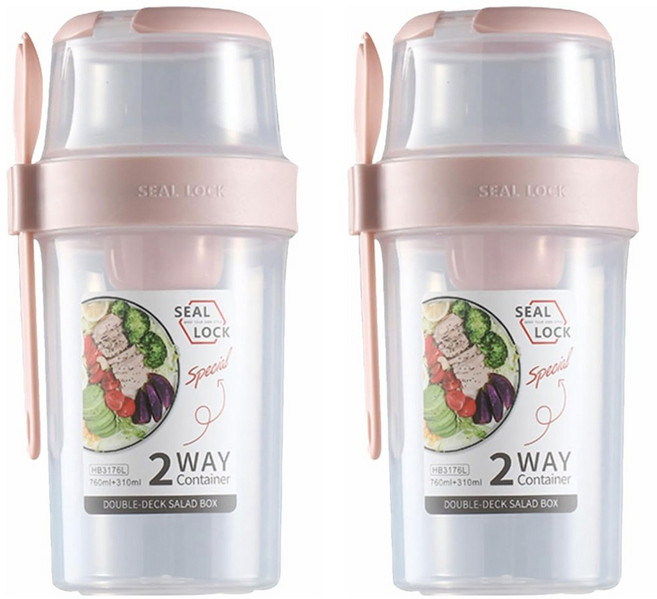 씰락 휴대용 이중 샐러드 컵 스푼 포함 일반도시락, 2개, 310ml + 760ml 핑크