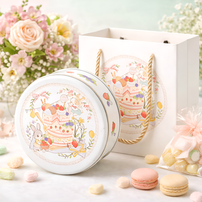 래빗 원형 틴케이스 (종이 쇼핑백 포함) 답례품 구디백 화이트데이 소품, 1개, 틴박스+종이백