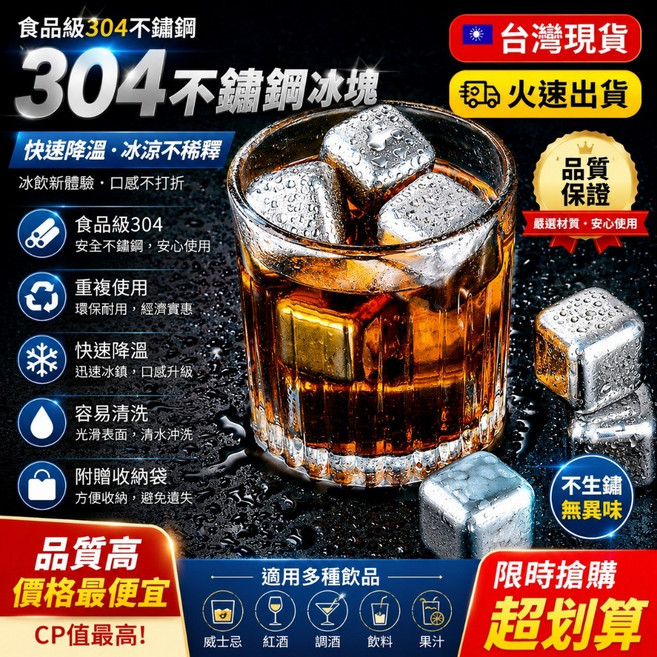 304不鏽鋼冰塊 威士忌冰酒石 附收納袋 環保金屬冰粒 飲料不稀釋 居家調酒, 1個, 304不銹鋼冰酒石