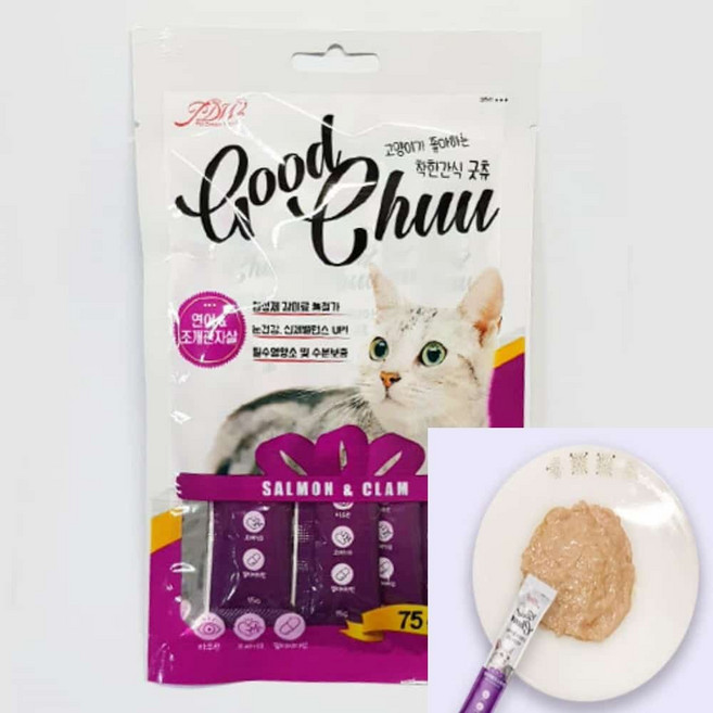포근한잡화점 고양이츄르 75g 연어 조개관자 5개 고양이간식 고양이디저트, 15g