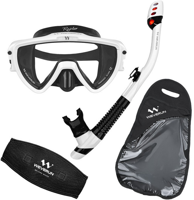 위베런 랩터 스노클링 마스크 세트 미러렌즈 자외선차단 + 머리엉킴방지 스트랩커버 + 고급가방, 투명 화이트 세트