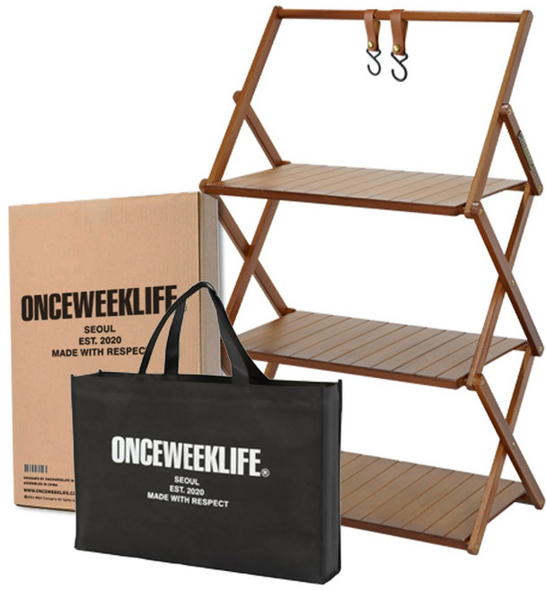 원스위크라이프 행어 접이식 우드 캠핑 선반 + 가방세트, 다크브라운, 3단, 1개