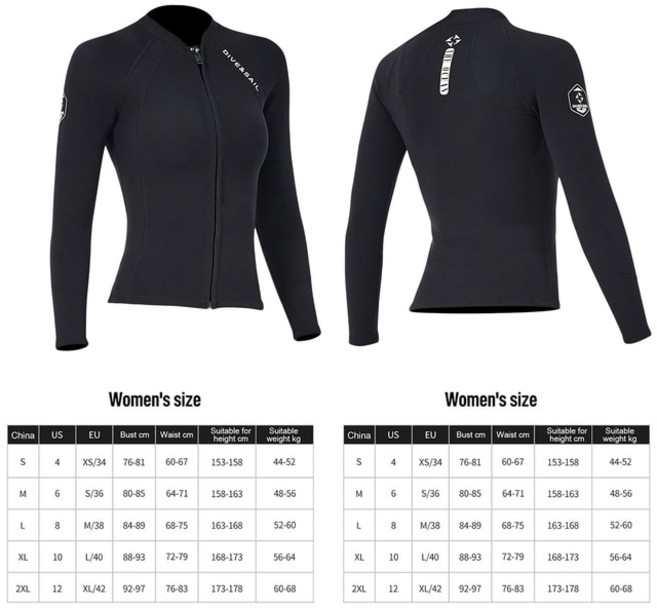 웻슈트 상의 DIVE & SAIL 남녀공용 네오프렌 잠수복 재킷 상의 스노클링 서핑 수상 스포츠 다이빙 3mm, [01] S, 03 Women Full Black_01 S
