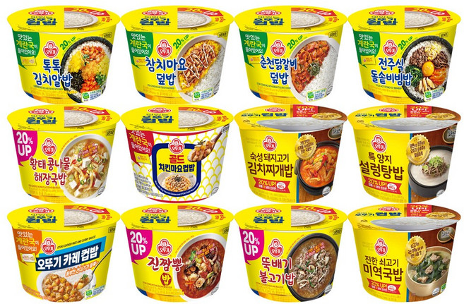 오뚜기 컵밥 12종 세트 (진짬뽕밥+뚝불+숙성돼지고기김치찌개밥+특양지설렁탕밥+미역국밥+해장국밥+김치알밥+치킨마요+참치마요+카레+닭갈비+돌솥비빔), 3.411kg, 1세트