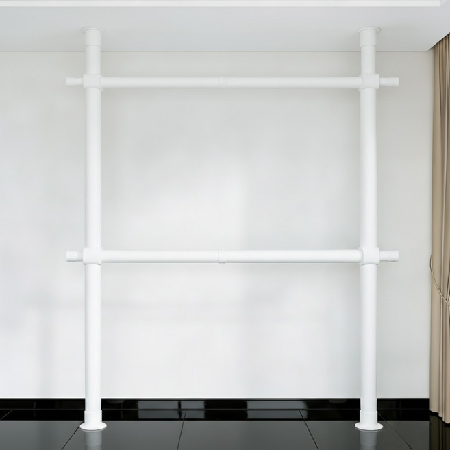 38파이 와이드 2단 행거 고강도 스틸 파이프 설치형 튼튼한 시스템 행거, 화이트