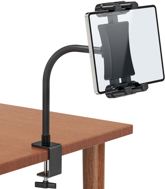 금속 스마트폰 태블릿 거치대 4.7~13.5 인치 만능 호환 360도 회전 자유 각도조절 데스크 침대 주방 헬스기구 견고한 클램프형, 1개, 블랙, CJB-012-BK