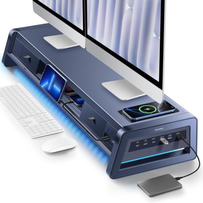 Vaydeer 올인원 듀얼 모니터 스탠드 라이저 2개의 서랍 8USB 포트 및 모니터용 LED 조명 스트립이 있는 무선 충전 패드 PC용 데스크 오거나이저 iMac금속 39.3, 1개, Dark Blue