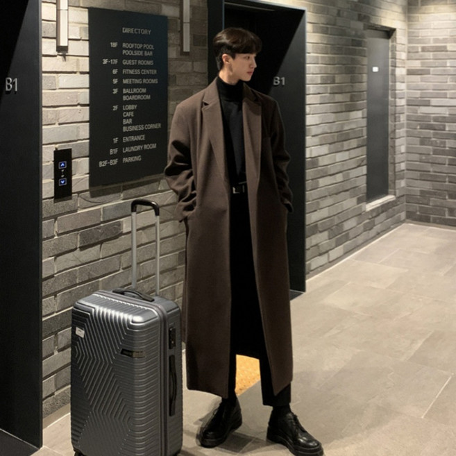 ANYOU 남성 남자 겨울코트 싱글 오버핏 롱코트 정장넥 트렌치코
