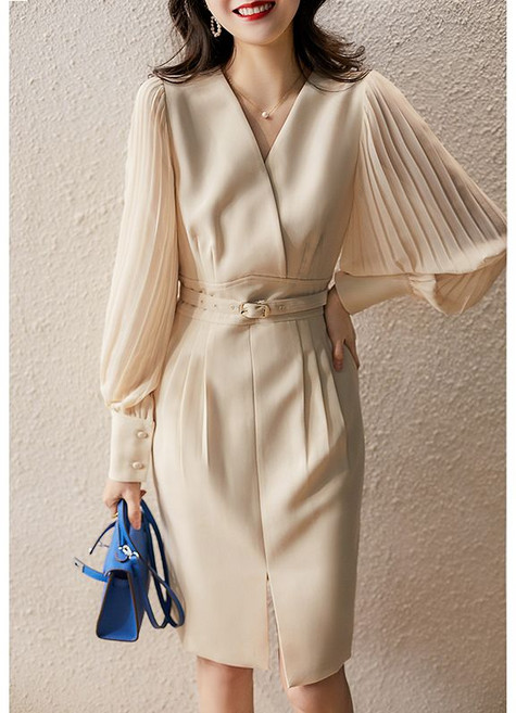 녕동 여성 브이넥 긴팔 원피스 루즈핏 슬림 앞트임 미디 원피스 오피스룩 하객룩