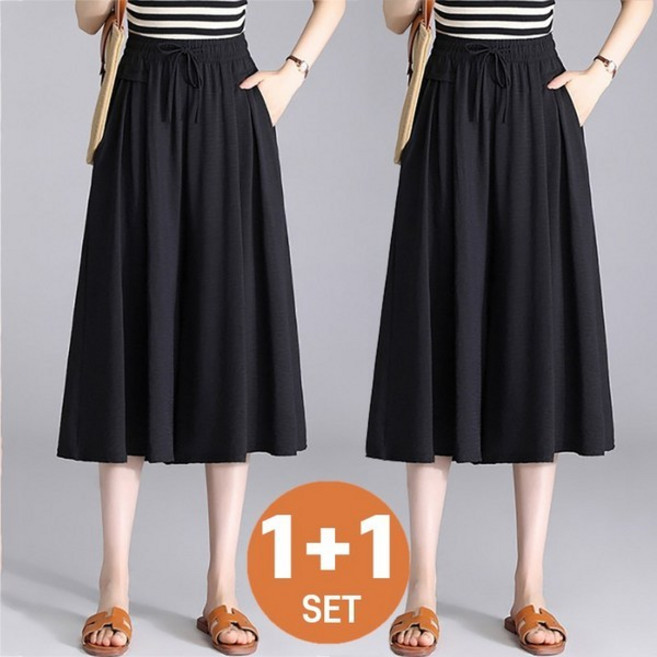 1+1 2종세트 여성용 와이드 밴딩 랩 치마바지 여름 쿨링 7부 팬츠 통바지 플레어 치마 바지