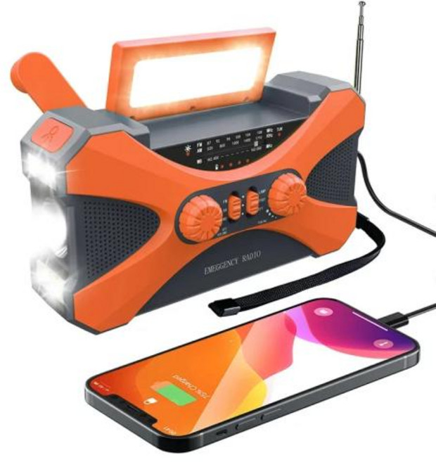 새로운 다기능 듀얼 스테레오 스피커 전화 충전기 10000mAh 태양열 크랭크 라디오 AMFMNOAA 날씨 경고LED 토치 및 SOS 알람, 2)주황색