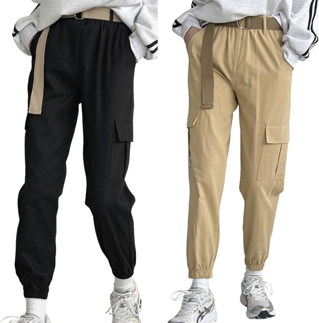 [1+1] 로로비 여성 코튼 카고 바지 허리 밴딩 9부 조거 팬츠