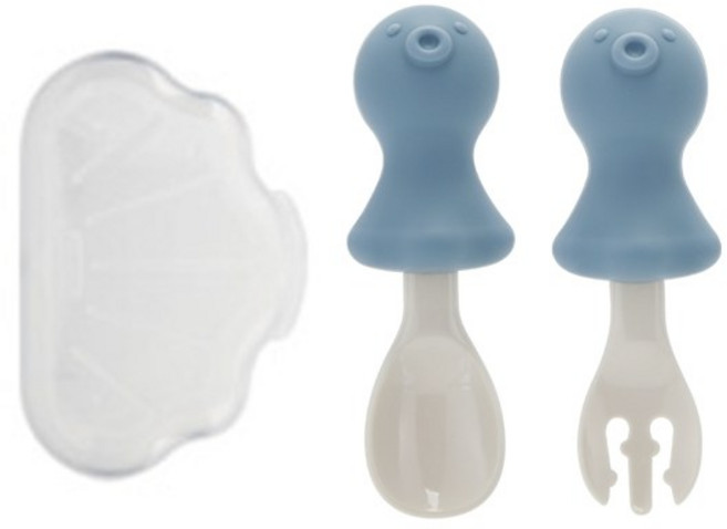 에디슨 자기주도 실리콘 스푼 포크 케이스 세트 아기 문어, 블루, 포크와 스푼 + 케이스, 1세트