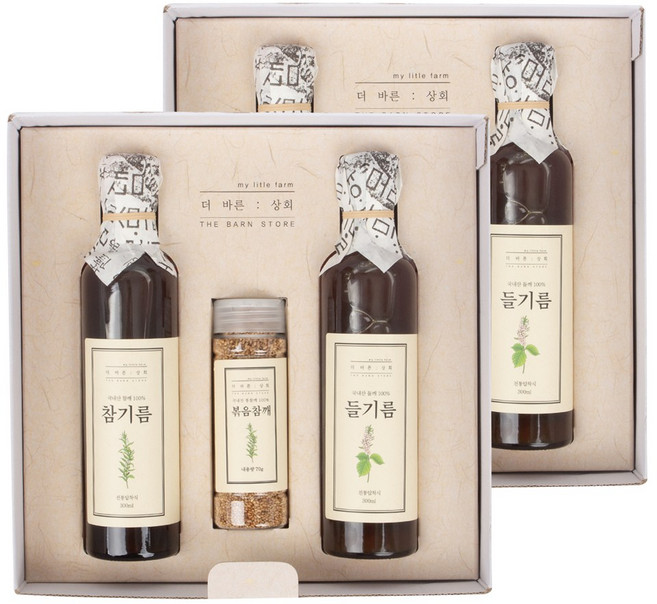 HACCP 인증 [ 고급선물세트 ] 더바른상회 프리미엄 2호 선물세트( 국산 참기름 300ml 국산 들기름 300ml 국산 볶음 참깨 70g ), 2개