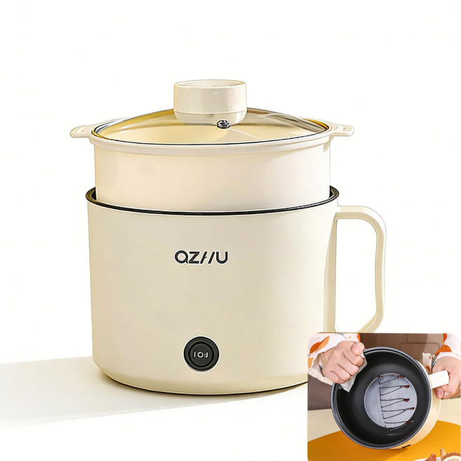 다용도 전기냄비 가정용 라면포트 1.8L용량 유리뚜껑 찜기포함, DTM-베이지