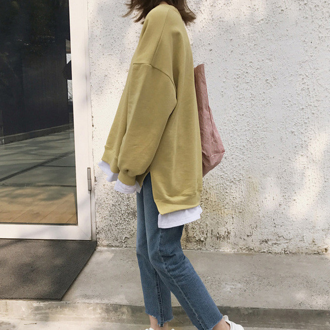假兩件中長款加絨衛衣 女款秋冬季韓版寬鬆學生BF原宿風上衣 黃色