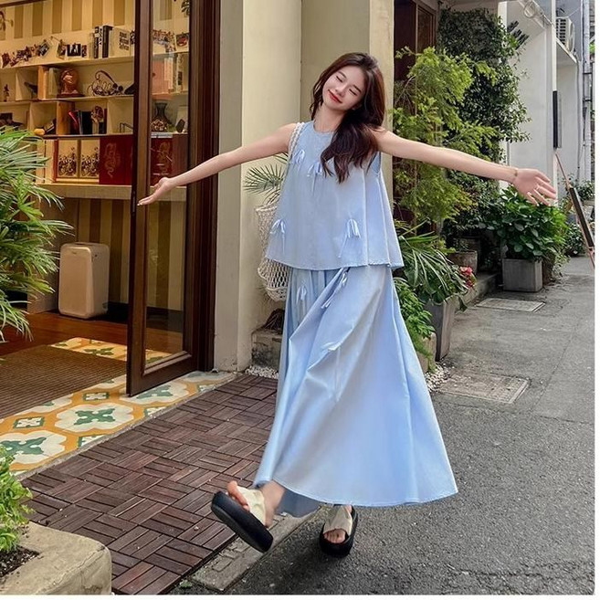 여성 투피스 세트 3D 리본 하이웨스트 A라인 스커트 우아한 정장 스타일