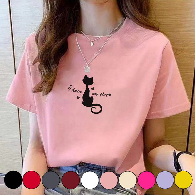 그리내 여성 라운드넥 여름 시원한 반팔티 러블리 캣 커플티 고양이 캐릭터 이너 홈웨어 프린팅 티셔츠