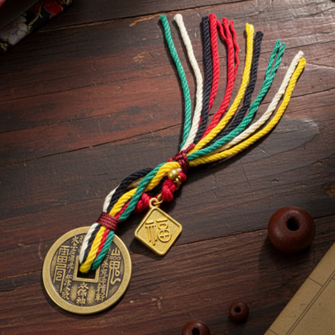 재물 금전 풍수 집들이 개업 액막이 부적 행운 오색실 엽전 오제전 장식 E495, 1개