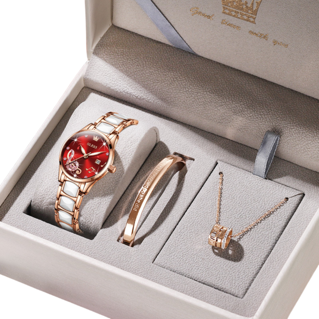 OLEVS 여성 명품 세라믹 메탈 손목시계 선물세트(시계+팔찌+목걸이) 여성선물 방수 야광 100%정품 - 3605