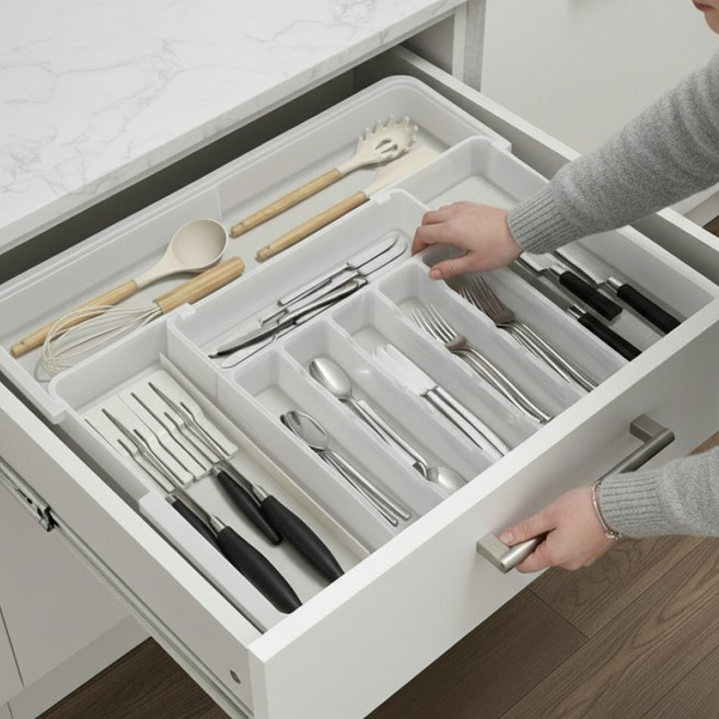 쏙리빙 길이조절 칼꽂이 수저정리함 서랍 정리대 트레이, 1개, 화이트