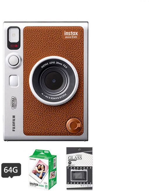 FUJIFILM instax mini Evo 混合式拍立得相機, 1個, miniEVO 棕色+20張底片+64G記憶卡+螢幕貼